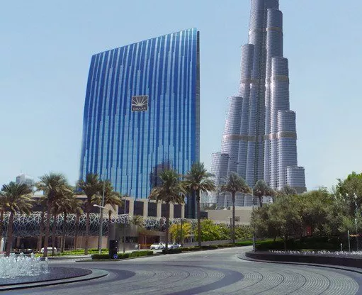 The stunning Boulevard Plaza alongside the iconic Burj Khalifa in Downtown Dubai